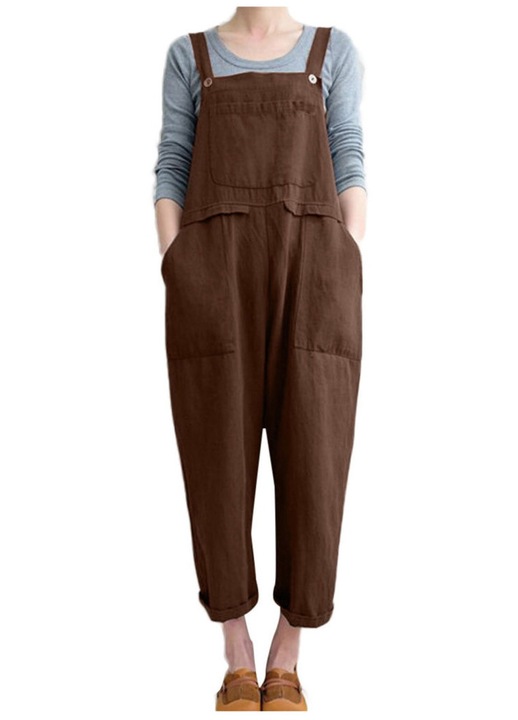 Salopeta dama, lunga, din bumbac si in, fara maneci, pantaloni clubwear, maro, 36 EU