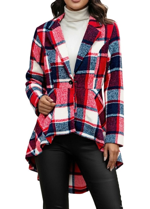 Jacheta dama, jacheta cardigan, imprimeu in carouri, maneca lunga, tiv asimetric, rosu, amestec lana