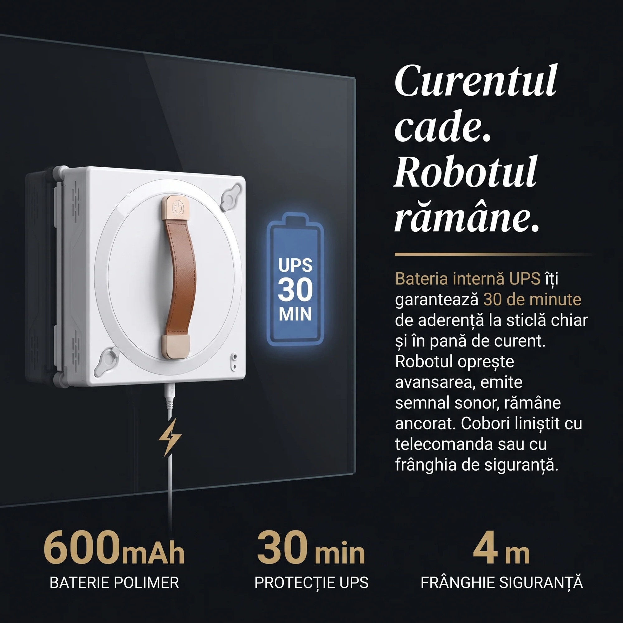 Robot Curatare Geamuri Barrano® Pro, Anti-cadere Inteligent cu 4 Senzori, UPS Backup 30 minute, Aspiratie 2700 Pa, Pulverizare Ultrasonica Dual, Telecomanda Wireless 2.4G Fara Aplicatie, Alb