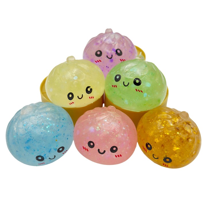 Jucarie Squishy Dumpling Antistres, Flippy, Model Fata Zimbitoare cu Sclipici, Jucarie Senzoriala cu Revenire Lenta, pentru Copii si adulti, Relaxare si Eliberare Anxietate, 4 cm, 60 g, Culoare Aleatorie