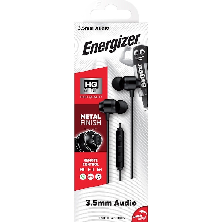 Casti cu fir Energizer CIA10, stereo, negru, 1.2m, microfon, plectru multifunctional