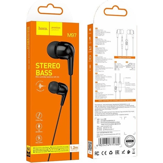 Casti cu fir Hoco M97, stereo, negru, 1.2m, microfon