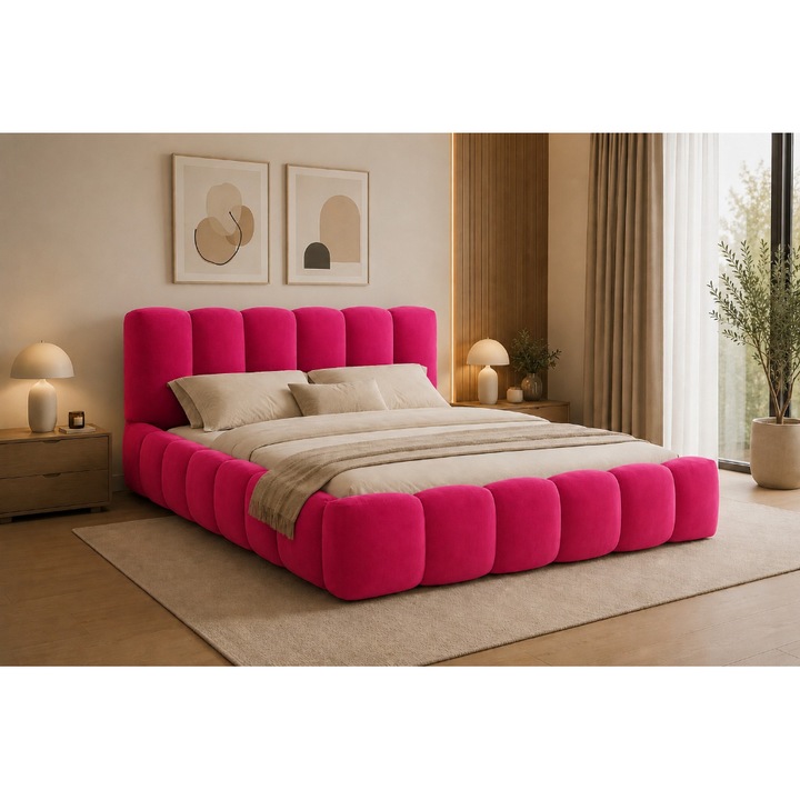 Pat matrimonial Bubble, 140x200, Fucsia, cu somiera rabatabila inclusa