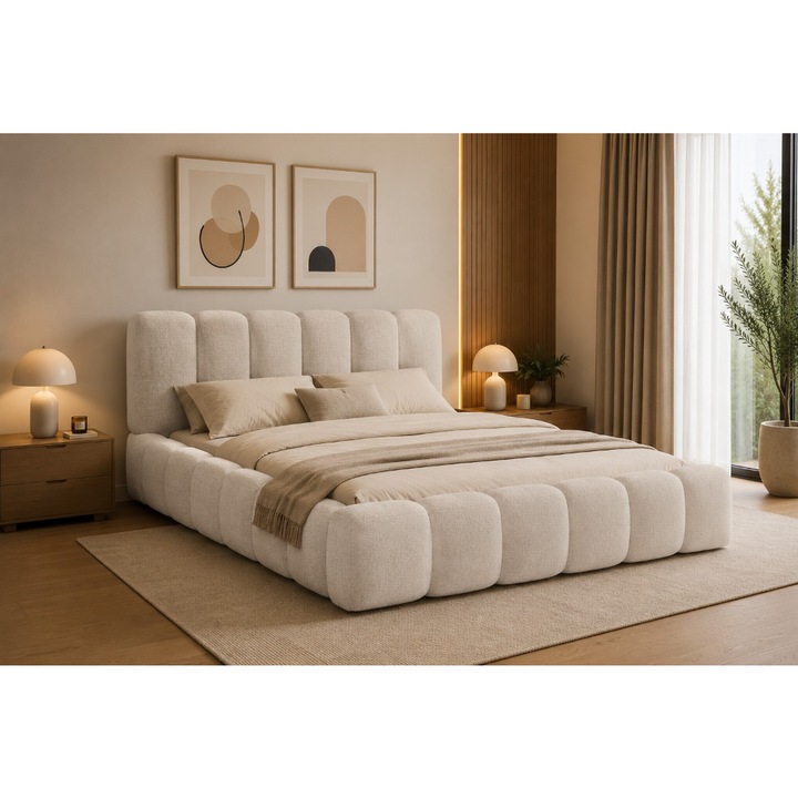 Pat matrimonial Bubble, 180x200, Crem deschis, cu somiera rabatabila inclusa