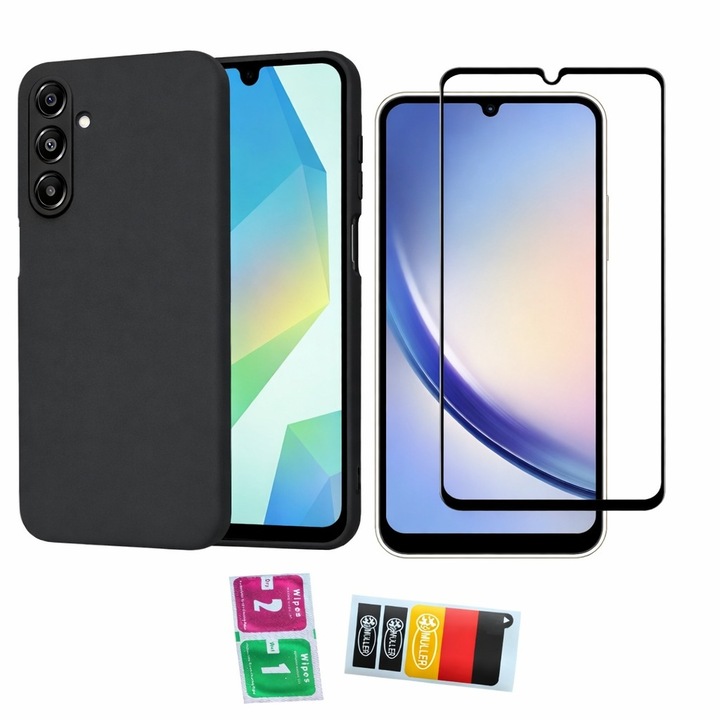 Set Husa silicon lichid Premium cu interior din microfibra + Folie Tempered Glass, Compatibil cu A16, Protectie completa, Antisoc, include Set Curatare si Stickere Müller®, Culoare Negru