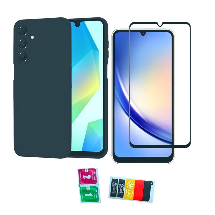 Set Husa silicon lichid Premium cu interior din microfibra + Folie Tempered Glass, Compatibil cu A16, Protectie completa, Antisoc, include Set Curatare si Stickere Müller®, Culoare Verde