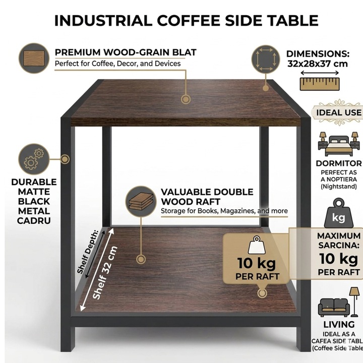 Masuta Auxiliara de Cafea, Stil Industrial, 32x28x37 cm, Cadru Metalic Negru, Blat si Raft Dublu din Lemn, Sarcina 10 kg/Raft, Noptiera Dormitor sau Living