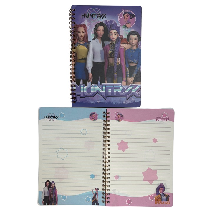 Caiet cu spirala, HUNTR/X K-Pop Demon Hunters 3, A5, 142 x 208 mm, 38 file, pagini liniate color, notebook pentru scoala, notite, birou si cadou