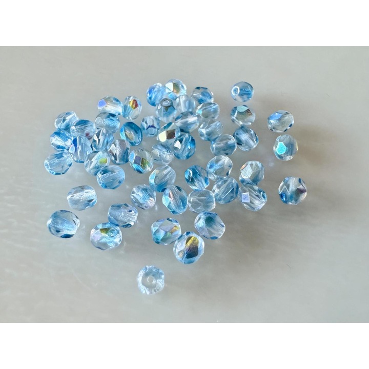 Фасетирани стъклени мъниста fire polish за бижута, 4мм, 50бр/комплект - 7076 Crystal Montana AB