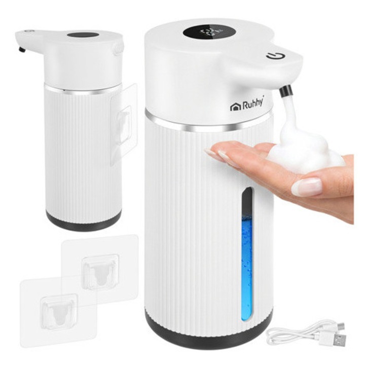 Dozator automat de sapun, 420 ml, senzor touchless, display LED, incarcare USB-C, IPX5, ABS, polipropilena, alb