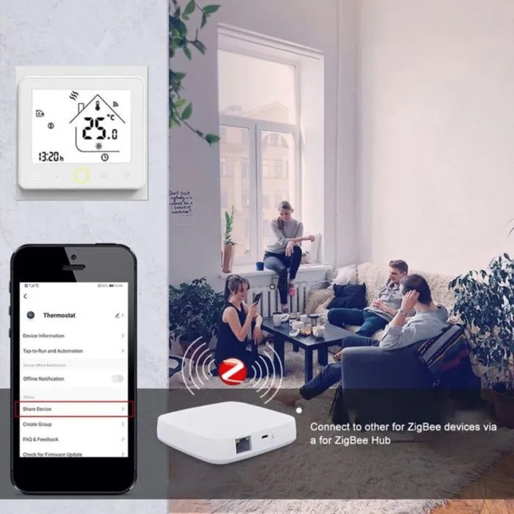 Zigbee okostermosztát, hangvezérlés, fehér, 210g