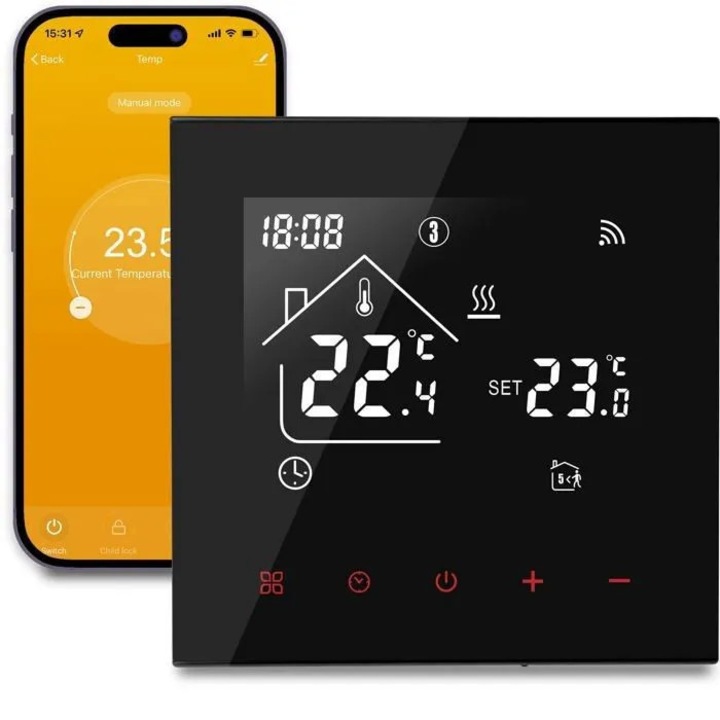 WiFi termosztát fűtéshez, fekete, 5-60°C, 3A, 100-240V