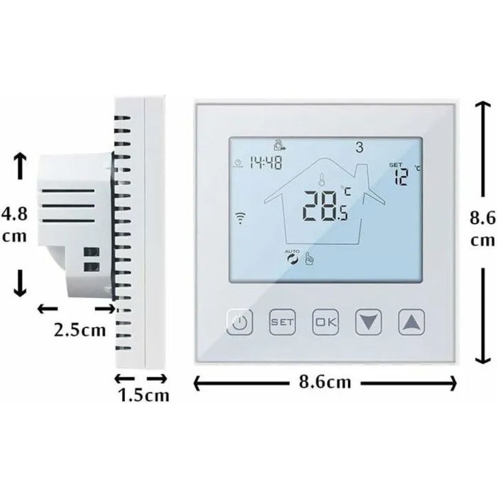 Programozható WiFi termosztát, fehér, 220V 3A, hangvezérlés, mobil alkalmazás