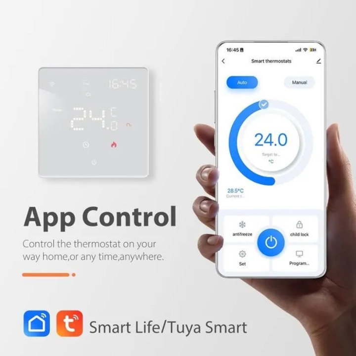 Programozható okos WiFi termosztát, Alexa kompatibilis, alkalmazáson keresztül vezérelhető, fehér