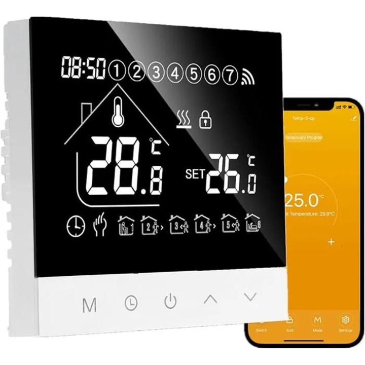 Programozható WiFi termosztát elektromos fűtéshez, 8.6x8.6x2.7cm, fehér
