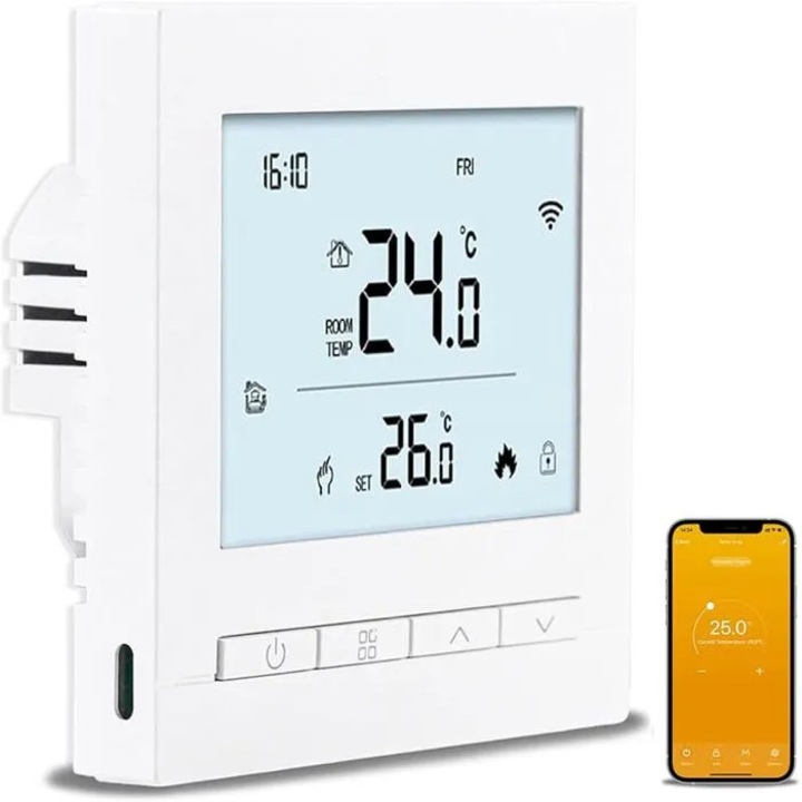 Programozható WiFi termosztát, 16A, fehér, 8.6x8.6x4cm