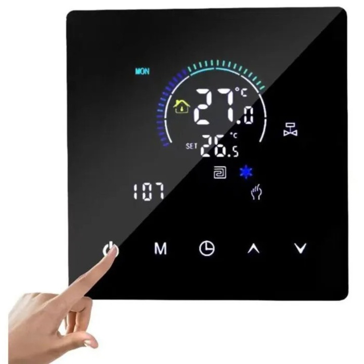 WiFi termosztát gázkazánokhoz, programozható, LCD kijelző, 86x86x41mm