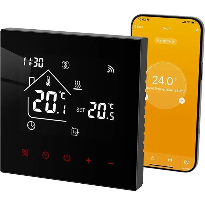 Termostat WiFi pentru centrala gaz, control vocal, montaj incastrat, 60x60mm
