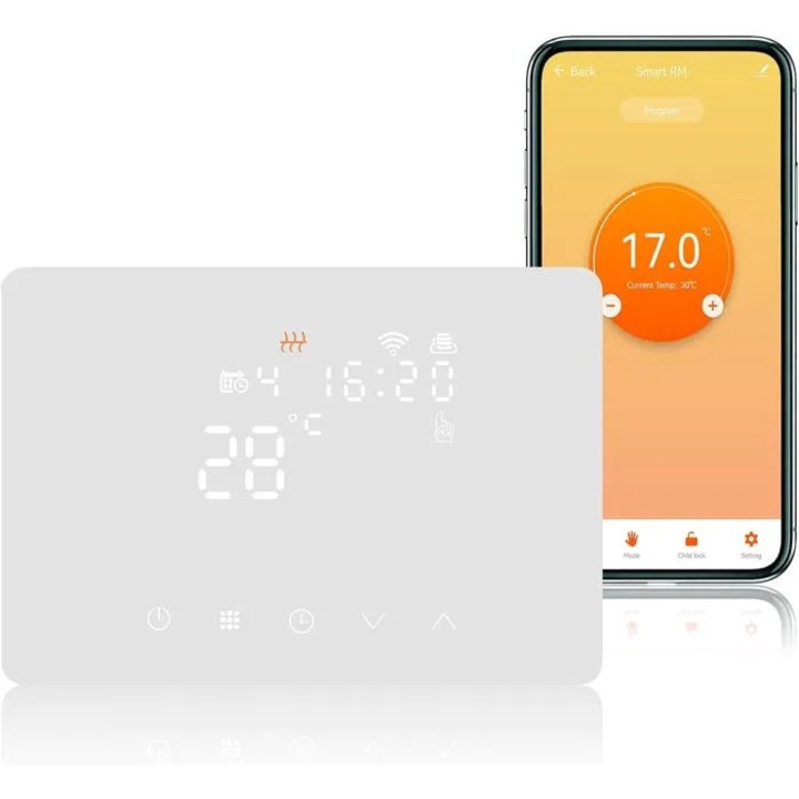 Intelligens termosztát 5A 220V WiFi kompatibilis Alexa Google, fehér, 5-35C