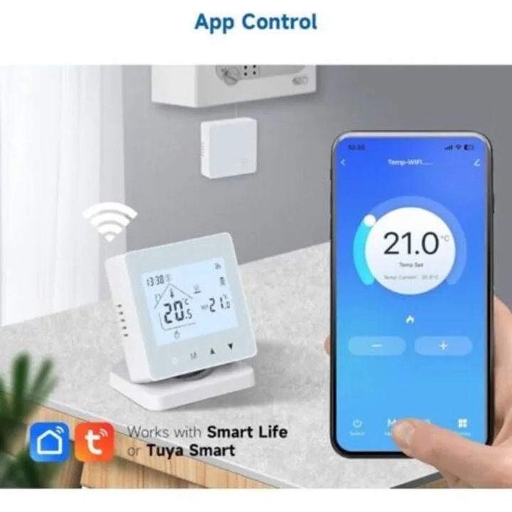 WiFi vezeték nélküli programozható termosztát, fehér, 30m hatótávolság, elemes/USB tápellátás