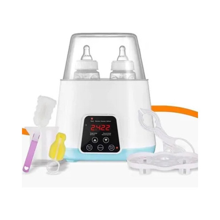 Incalzitor biberon multifunctional 5 in 1, albastru/alb, 2 biberoane