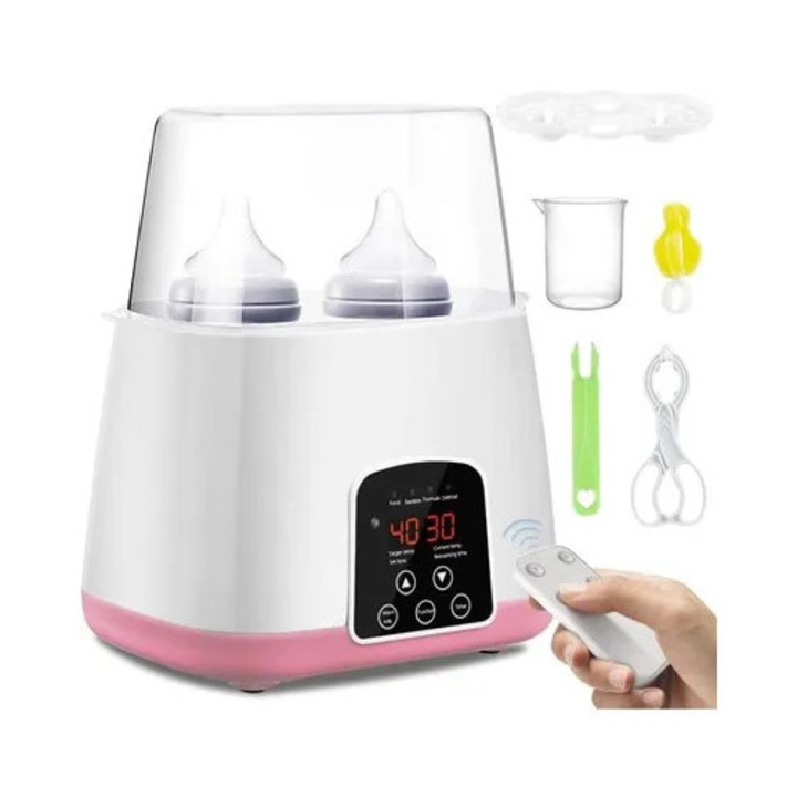 Incalzitor si sterilizator biberon multifunctional 6-in-1, roz, cu afisaj LCD, termostat tactil