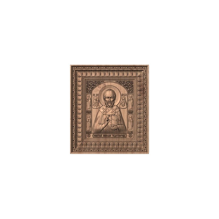 Tömör tölgyfából faragott ikon – Szent Miklós püspök – 30 x 26 cm