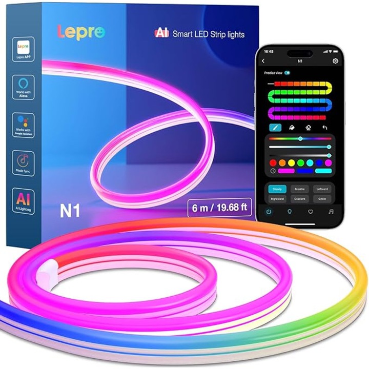 Banda LED Neon inteligenta Lepro N1, 6 m, RGB MagicColor, WiFi, compatibila Alexa si Google Home, sincronizare muzica, IP65, 96 LED/m, Clasa Energetica F, culoare Multicolor