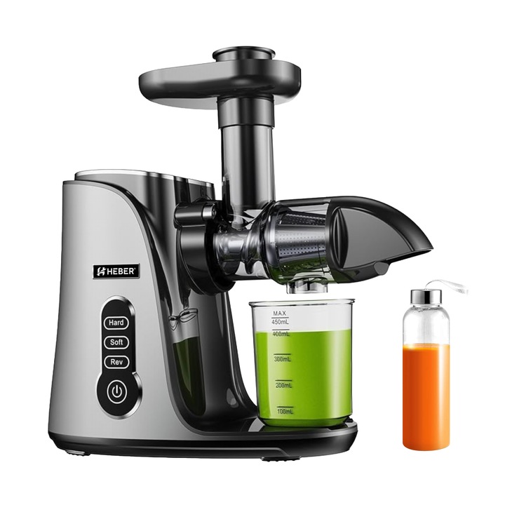 Storcator de Fructe si Legume, Heber®, Storcator cu Presare la Rece, 2 Viteze Soft/Hard, Display LED, Sita Inox, Functie Reverse, 150W, Ax cu Melc, Recipient Suc 450ml, Sticla pentru calatorie 500ml, Recipient Pulpa 1000ml, Gama 2026, GRI