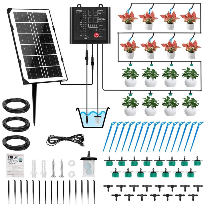 Sistem de Irigare Automat Solar, cu 12 moduri temporizator, avertizare inteligenta, nivel scazut de apa, volum de irigare reglabil.2200mah, economisire a resurselor, pentru gradini, livezi, gradini de legume, ferme si alte locatii similare.Negru