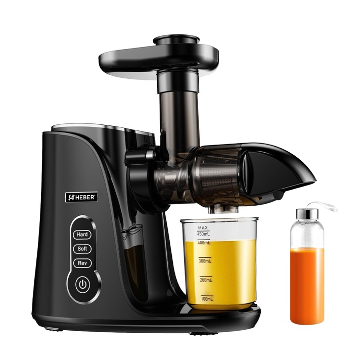 Storcator de Fructe si Legume, Heber®, Storcator cu Presare la Rece, 2 Viteze Soft/Hard, Display LED, Sita Inox, Functie Reverse, 150W, Ax cu Melc, Recipient Suc 450ml, Sticla pentru calatorie 500ml, Recipient Pulpa 1000ml, Gama 2026, Negru
