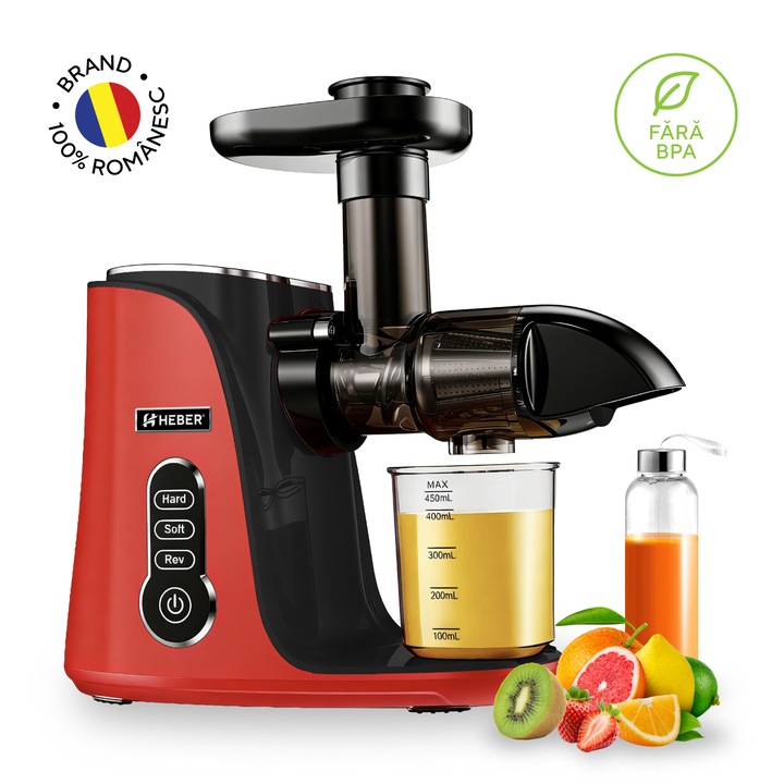 Storcator de Fructe si Legume, Heber®, Storcator cu Presare la Rece, 2 Viteze Soft/Hard, Display LED, Sita Inox, Functie Reverse, 150W, Ax cu Melc, Recipient Suc 450ml, Sticla pentru calatorie 500ml, Recipient Pulpa 1000ml, Gama 2026, Rosu