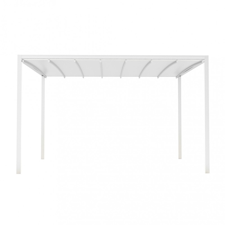 Pergola Pavilion foisor Retractabila Motorizata 3x4 m cu LED, Structura din Aluminiu si Copertina PVC, Alb, pentru Terasa & Gradina, 390x291x255 cm