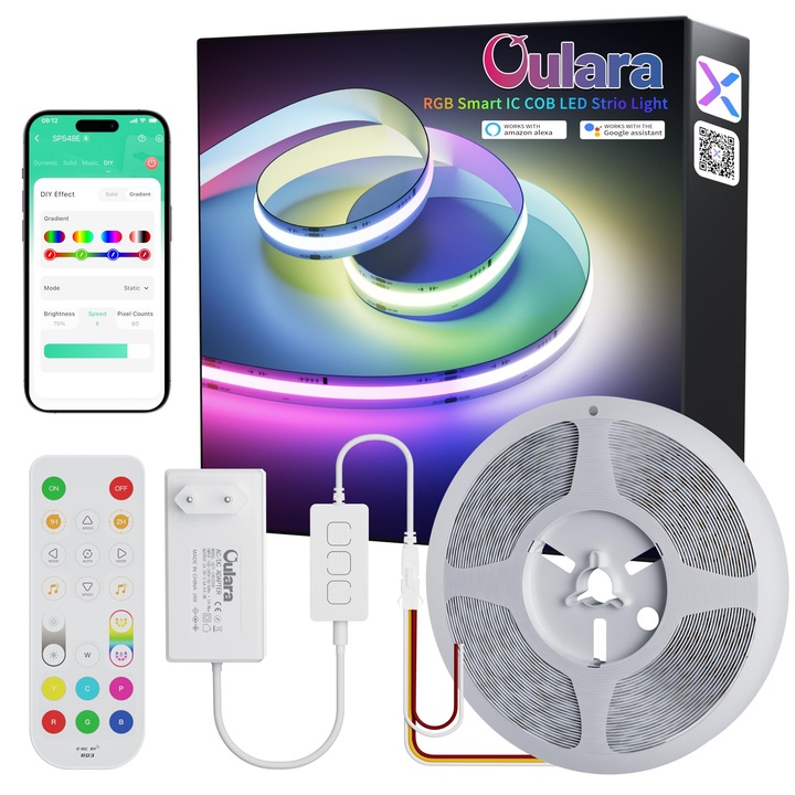 Banda LED inteligenta OULARA RGB COB, 6 m, WS2811 adresabila, control prin aplicatie, telecomanda RF, Alexa si Google Home, sincronizare muzica, Clasa Energetica F, culoare Multicolor
