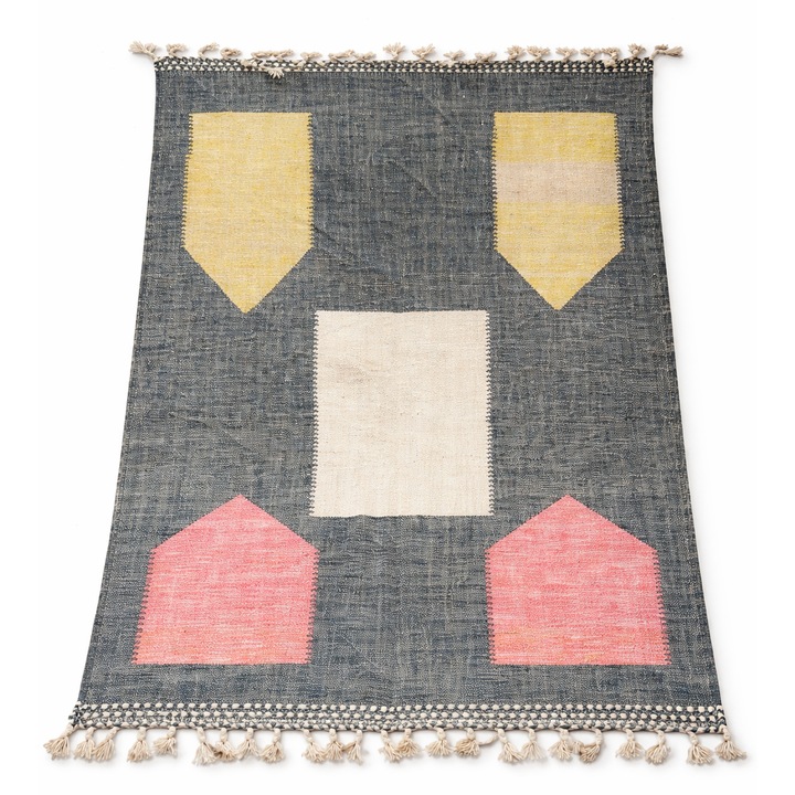 Covor Kilim Berber 2x3 m, Lana Naturala 100%, Design Abstract Gri, Roz si Galben, Tesut Manual, Textura Fina Subtire, Stil Bauhaus Modern