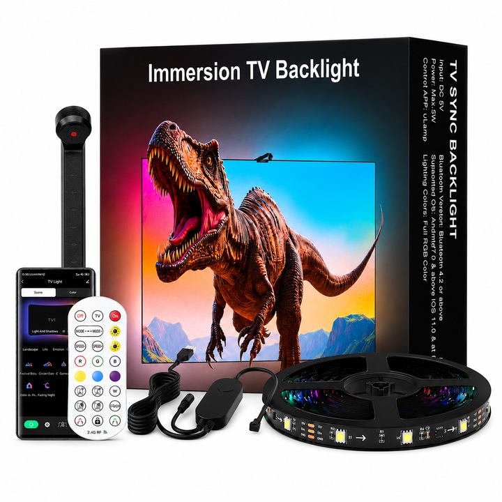 Banda LED TV Inteligenta cu Sincronizare Ecran, Kit Ambilight Sync RGBIC, Lumina Ambientala pentru atmosfera, Senzor detectie culoare, Music Sync, Control din Aplicatie si Telecomanda, Alimentare USB, Compatibil cu TV diagonala 45-60 inch (110- 152 cm)