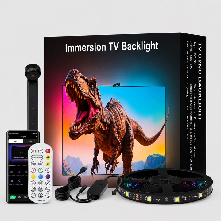 LED TV szalag, okos, képernyő szinkronizálással, Ambilight Sync RGBIC készlet, hangulatvilágítás, színérzékelő, Music Sync, alkalmazás és távirányító vezérlés, USB tápellátás, kompatibilis 45-60 hüvelykes (110-152 cm) TV átlóval