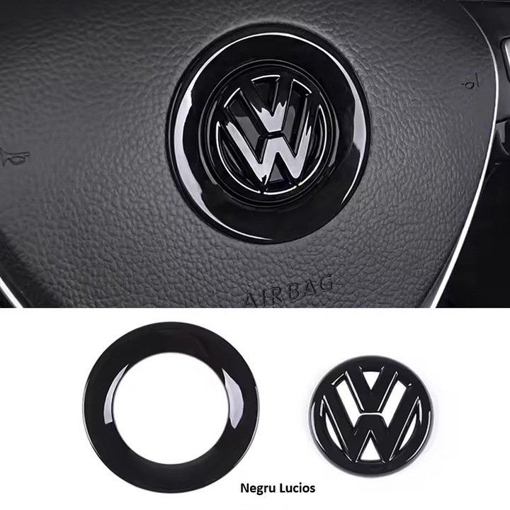 Kormánykerék embléma 40mm külső gyűrűvel, öntapadós, fényes fekete, kompatibilis VW Volkswagen Polo, Golf, Jetta, Passat, Tiguan, Touareg, Arteon, stb.