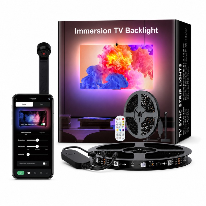 Banda LED TV Inteligenta cu Sincronizare Ecran, Kit Ambilight Sync RGBIC, Lumina Ambientala pentru atmosfera, Senzor detectie culoare, Music Sync, Control din Aplicatie si Telecomanda, Compatibil cu TV diagonala 60-75 inch (152- 190 cm)