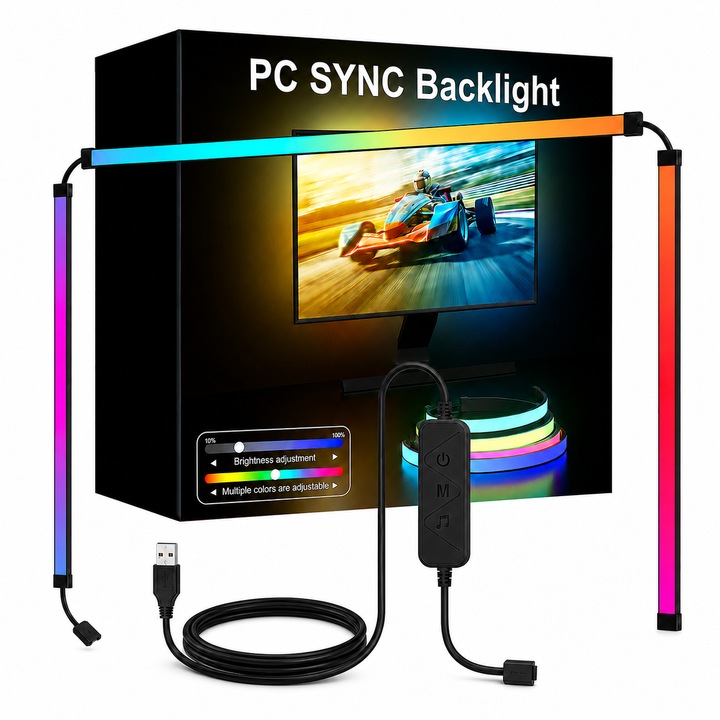 Banda LED RGB pentru monitor PC, sincronizare cu ecranul, control din aplicatie, iluminare ambientala gaming, mod muzica, alimentare USB, montaj adeziv pe spatele monitorului, multicolor, pentru monitoare cu diagonala 27 inch