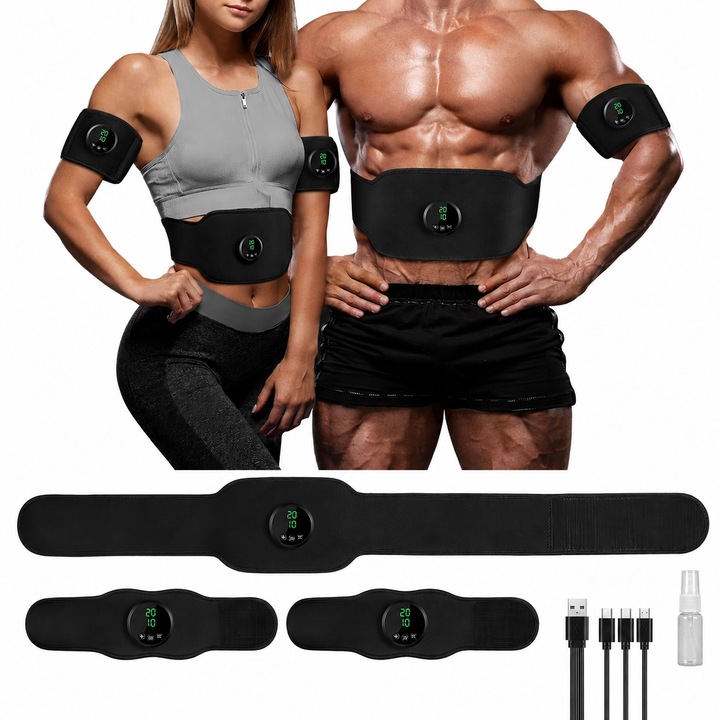 Centura pentru Slabit si Tonifiere Musculara Vigaldo™, Set 3 componente, Electrostimulare EMS, Abdomen, Brate si Picioare, 10 Pad-uri, 12 Moduri de masaj, 19 Trepte de intensitate, Antrenament Suplimentar pentru Muschi, Negru
