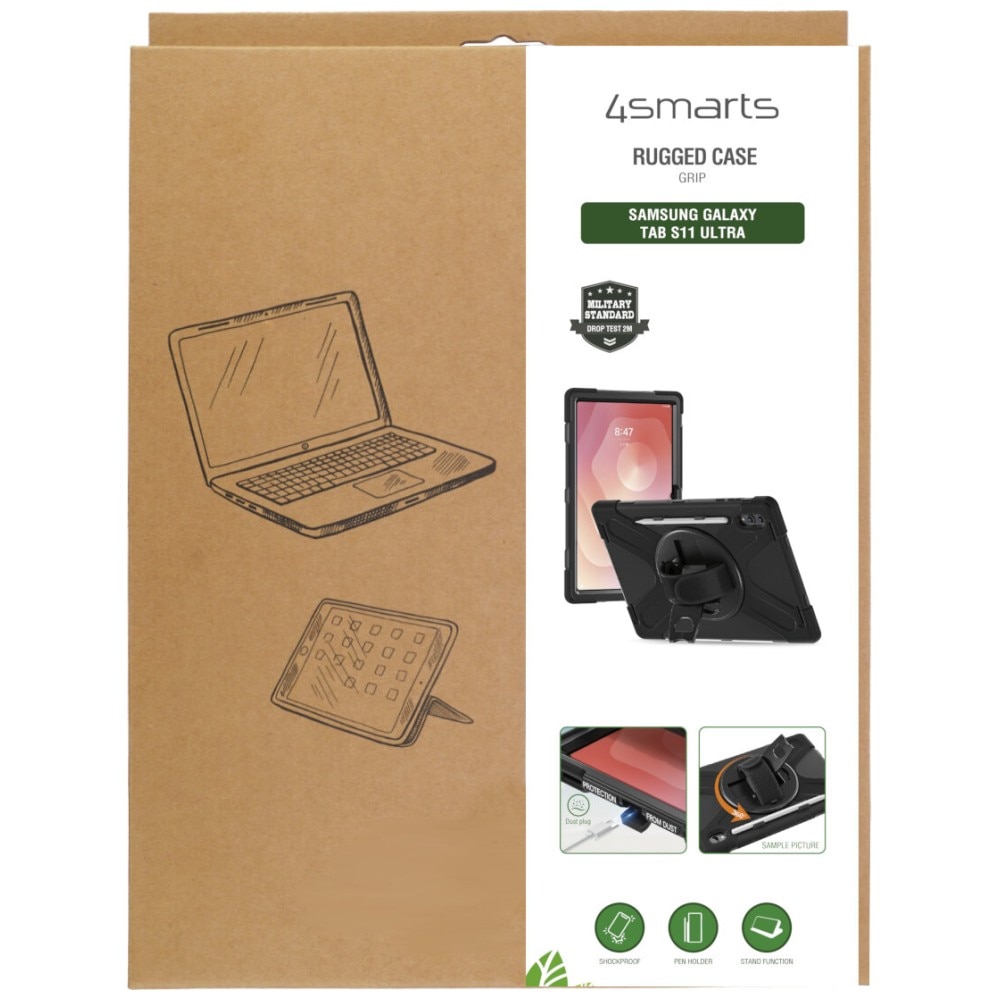 Husa 4smarts Rugged Case Grip, negru, 30x24cm, protectie robusta, suport 360° pentru Samsung Galaxy Tab S11 Ultra