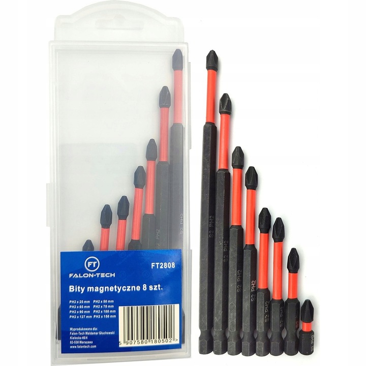 Falon-Tech PH2 mágneses hosszú bit készlet, 8 db, S2 acél, 1/4", különböző méretek