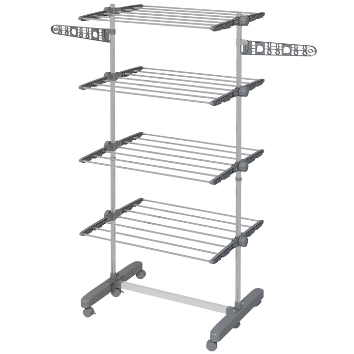 Uscator rufe pliabil, 4 etaje, gri, 142x55x172cm, cu roti si aripi laterale