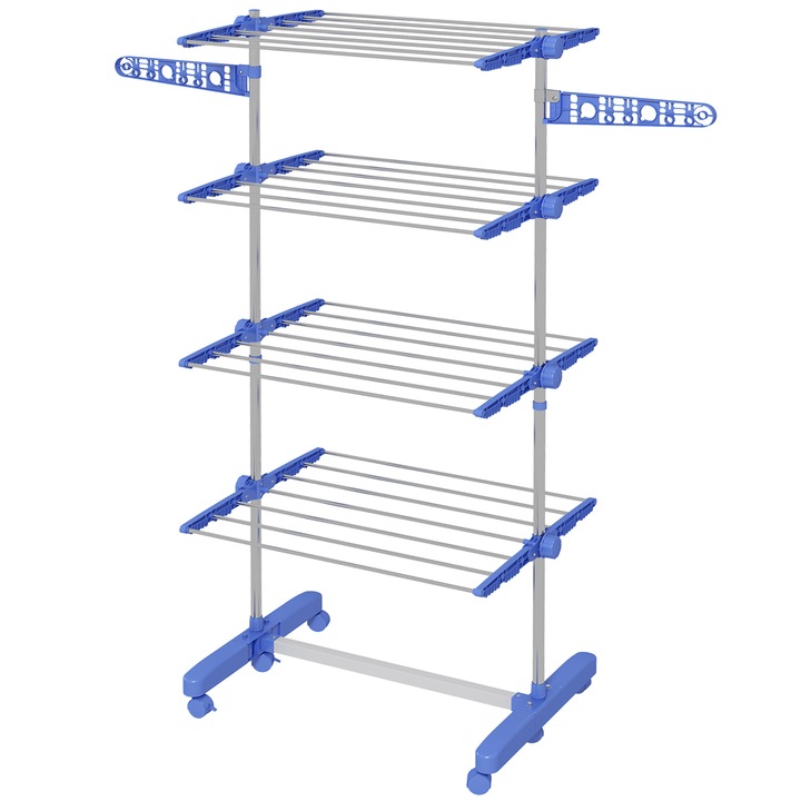 Uscator rufe vertical pliabil 4 niveluri albastru 13x60x150cm cu roti si rafturi reglabile