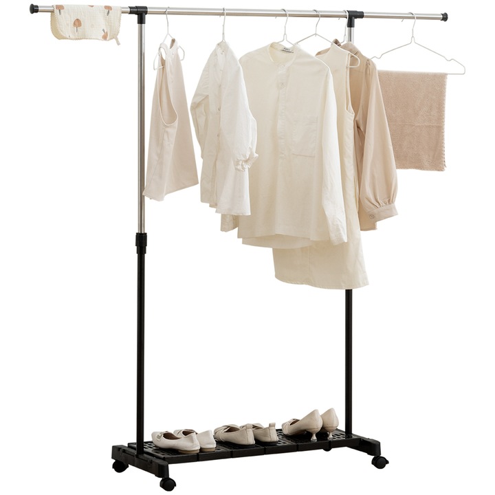 Uscator rufe extensibil cu roti si suport pantofi, otel inoxidabil, negru argintiu, 159x42x168 cm