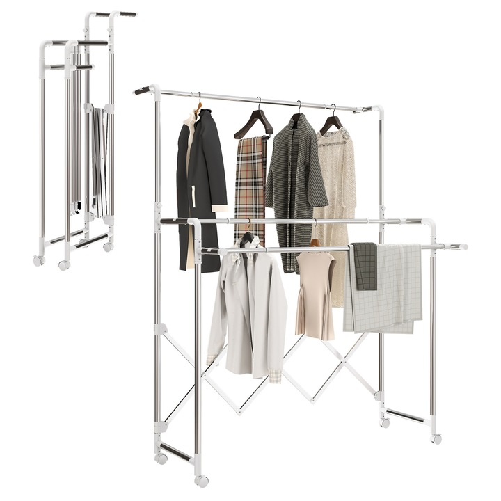 Uscator rufe pliabil, 3 bare reglabile, mobil, argintiu, 104-150x103x145-197cm