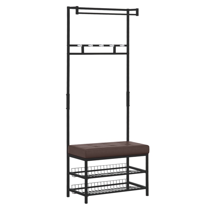 Cuier metalic cu banca tapitata si 5 carlige, 72.5x35x180cm, negru