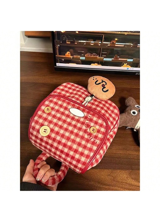 Rucsac dama mini rosu carouri usor 20x25cm