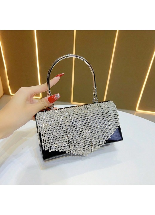 Női táska, crossbody modell, bojtos és csillogó kövekkel, fekete